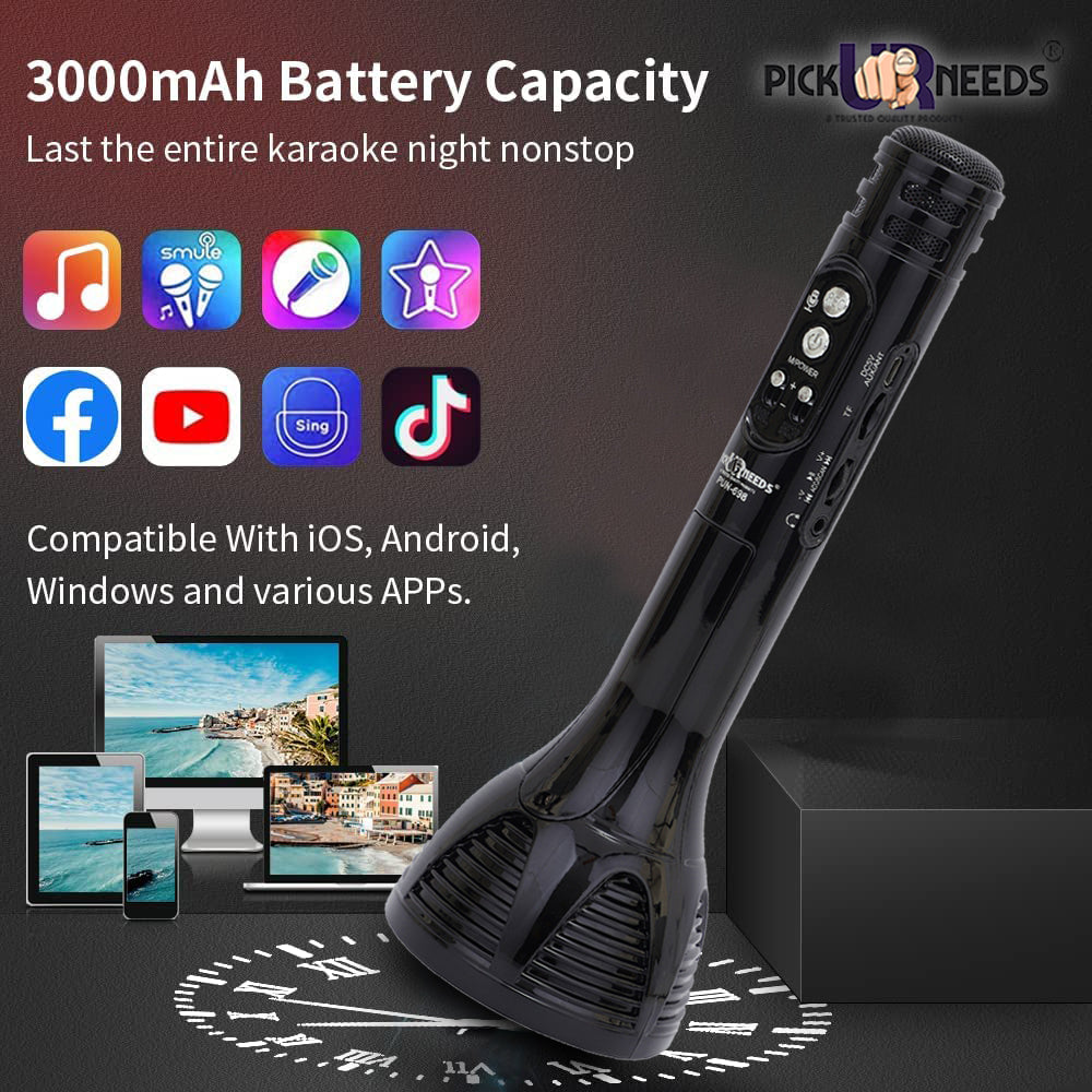 Pick Ur Needs Karaoke Mic with Led Light Wireless Bluetooth Microphone Connection Player Speaker 2-in1 with Recording + USB+FM